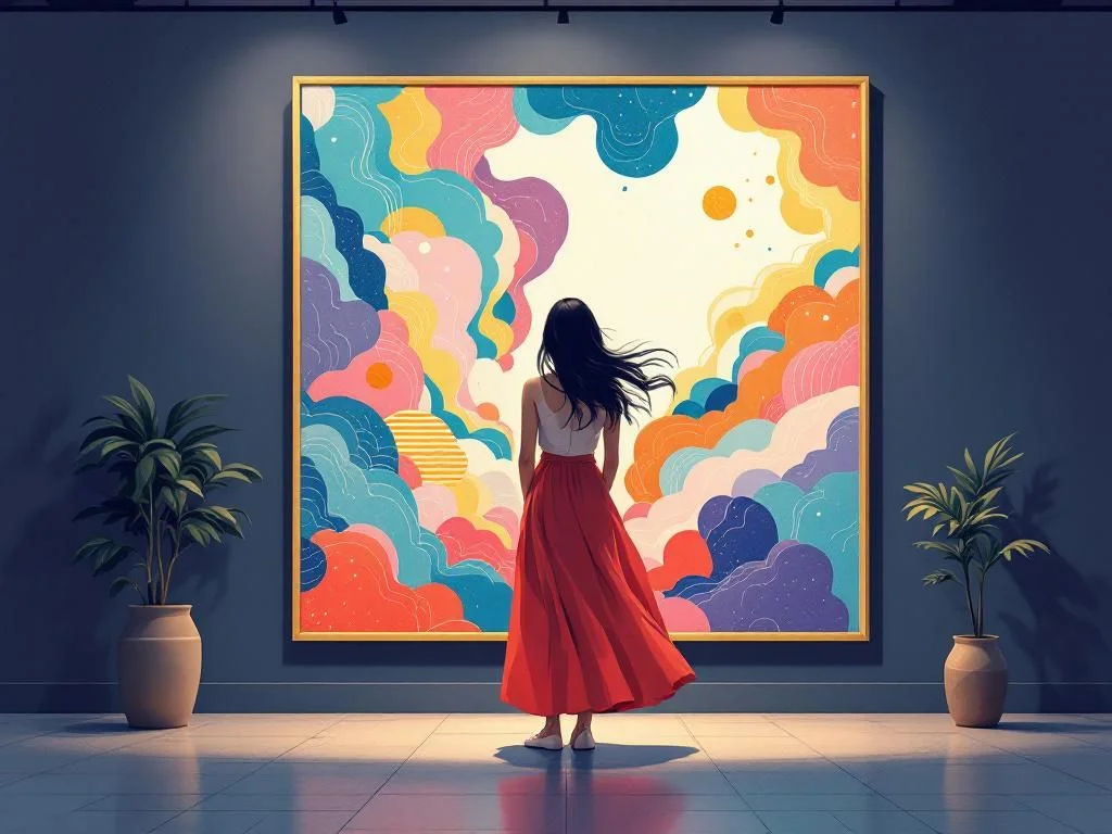 Woman standing in front of a colorful abstract painting in a modern art gallery