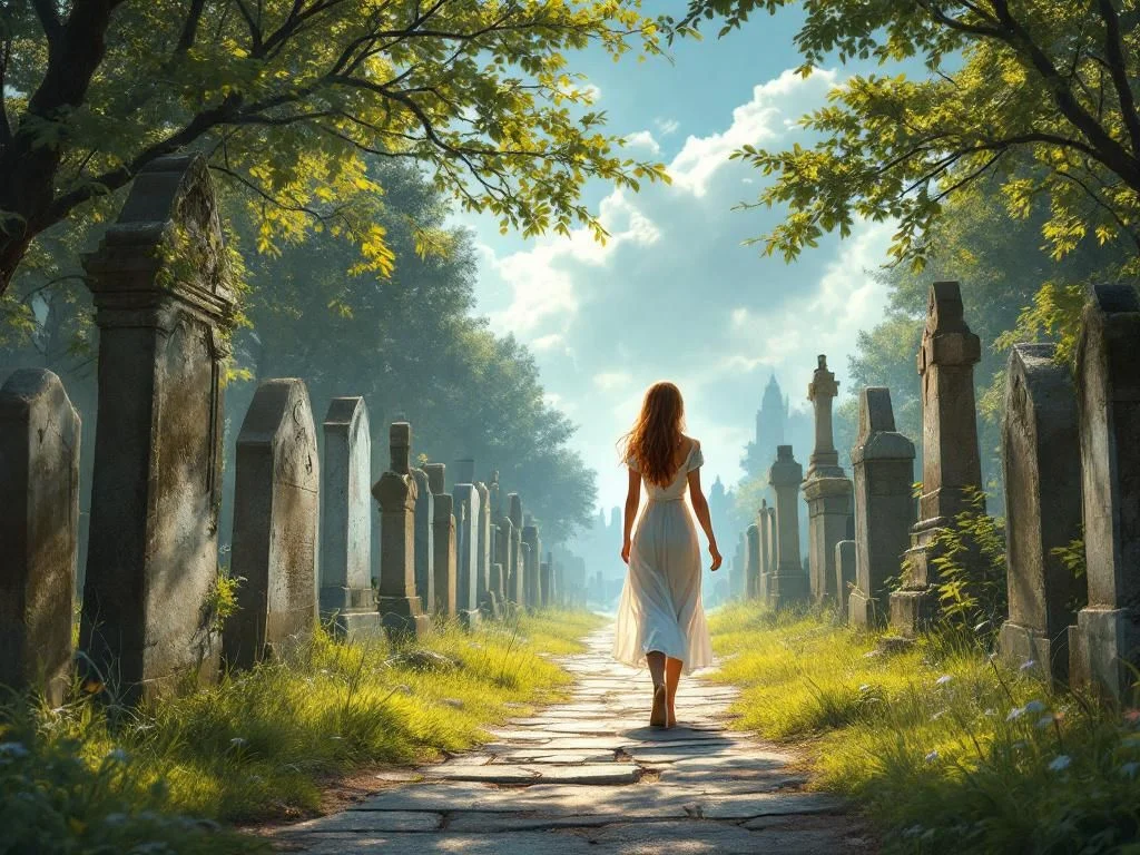 A woman in a dress walking thoughtfully between old gravestones on a sunny day