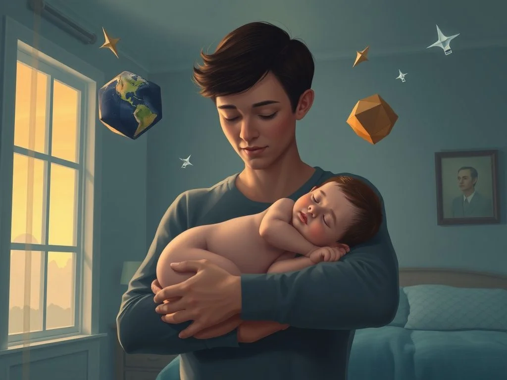 A person holding a sleeping baby in their arms, looking down with a serene and peaceful expression in a softly lit room at dawn.