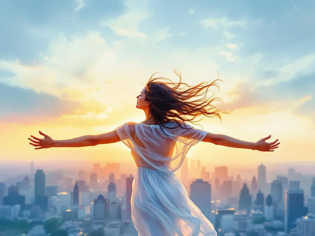 A woman floating over a city skyline at sunset, feeling free with wind blowing her hair and arms outstretched.