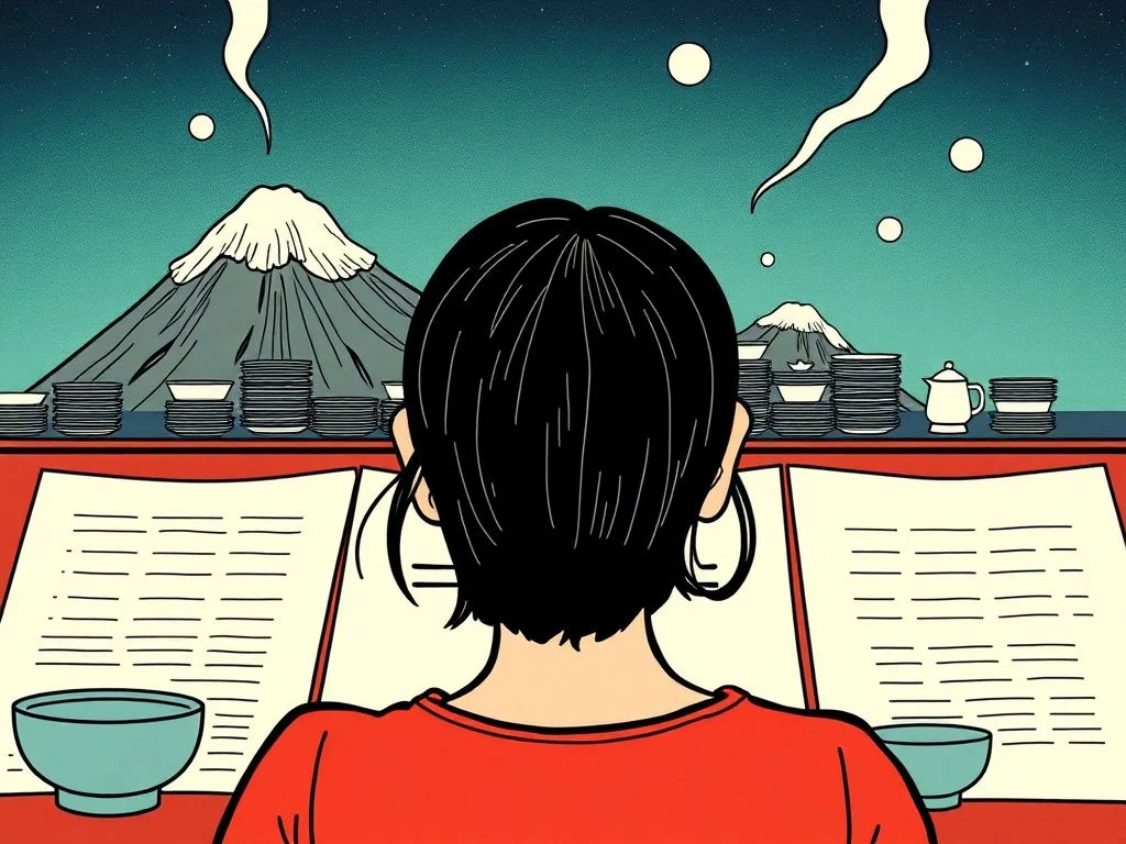 A woman staring at a blinking cursor on a blank document with a mountain of dirty dishes in the background, looking stressed and paralyzed.