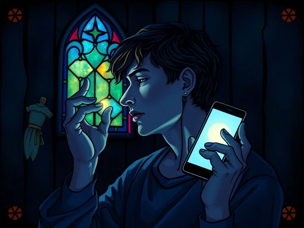 A person in a dark room, their face illuminated by a smartphone screen, trying to look away but their hand is magnetically pulled back towards the glowing device.