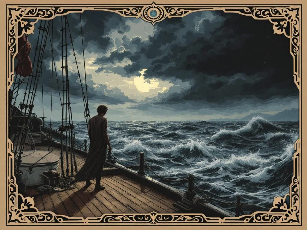 A person standing on a ship deck during a storm, with waves crashing and dark clouds overhead, showing determination and anxiety.