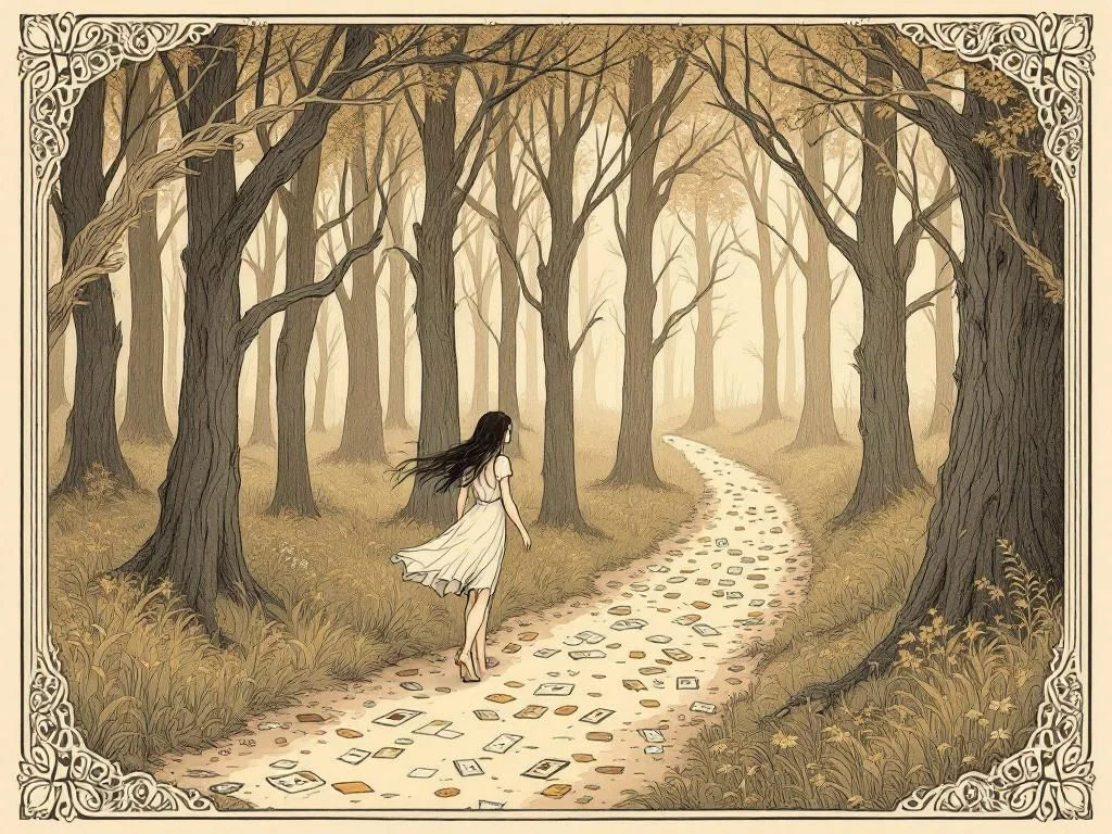 Woman searching through scattered memories on a quiet forest path