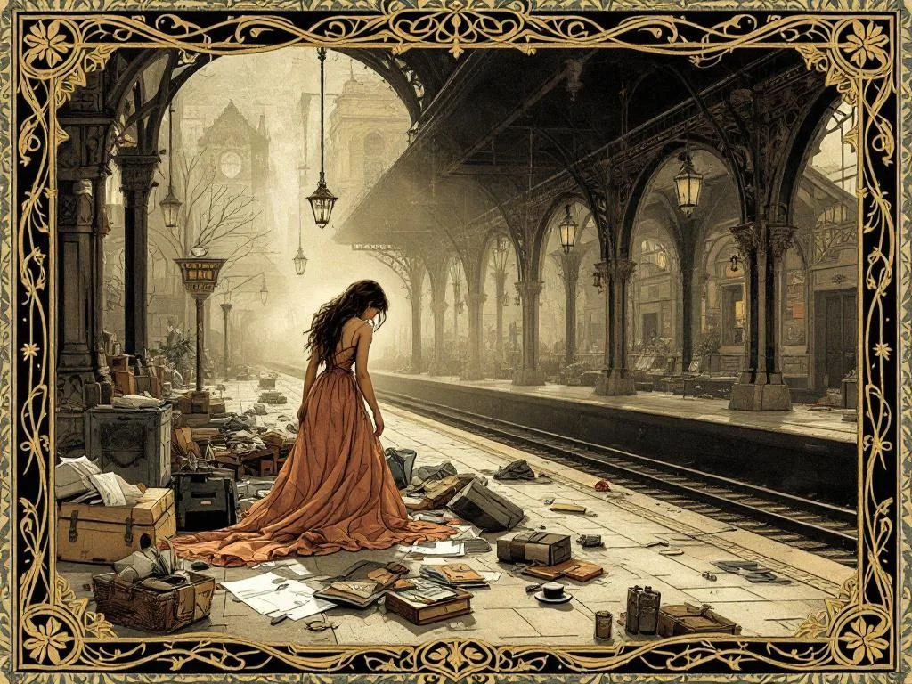 Woman searching through scattered belongings on a deserted train station platform