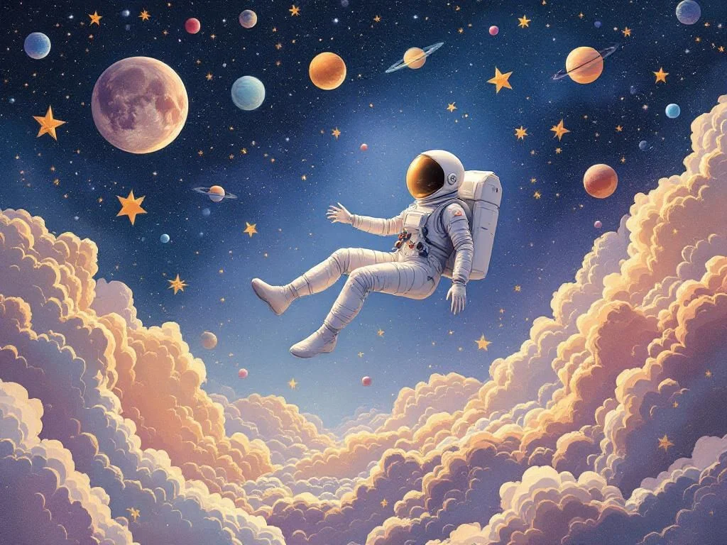 Woman astronaut floating in space with stars and planets around her