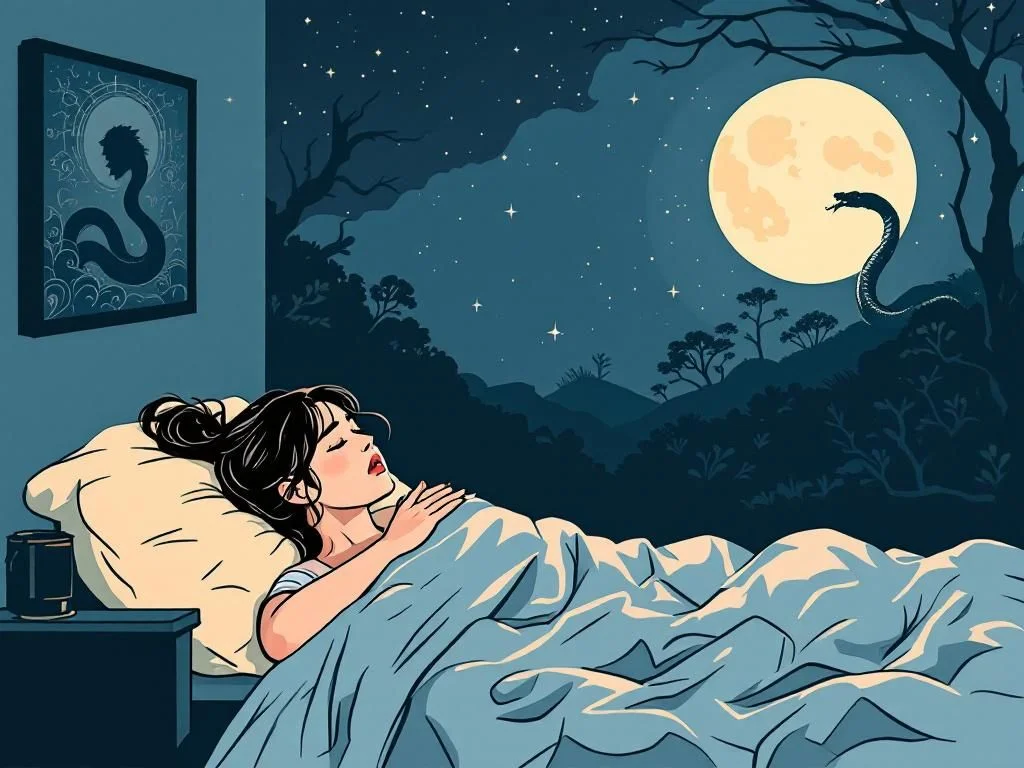 A woman waking up startled in bed with a dreamlike snake silhouette fading in the moonlight.